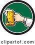 Vector Clip Art of Retro White Hand Holding out a Frothy Beer Mug in a Black White and Green Circle by Patrimonio