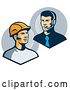 Vector Clip Art of Retro White Male Construction Worker Communicating to a Telemarketer or Boss with Bluetooth Ear Pieces by Patrimonio