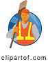 Vector Clip Art of Retro White Male Janitor Holding a Broom over His Shoulder in a Blue Circle of Rays by Patrimonio