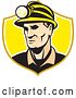 Vector Clip Art of Retro White Male Miner with a Headlamp in a Yellow and White Shield by Patrimonio