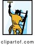 Vector Clip Art of Retro Window Washer on a Ladder Reaching up and Using a Squeegee with Black Borders by Patrimonio