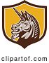 Vector Clip Art of Retro Woodcut Angry Gray Unicorn Head in a Brown White and Yellow Shield by Patrimonio