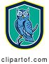 Vector Clip Art of Retro Woodcut Blue Great Horned Owl in a Yellow Blue White and Turquoise Shield by Patrimonio