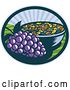 Vector Clip Art of Retro Woodcut Bunch of Purple Grapes by a Bowl of Raisins in an Oval with a Sunrise or Sunset by Patrimonio