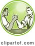 Vector Clip Art of Retro Woodcut Competitive Business Men Arm Wrestling in a Green Sunny Circle by Patrimonio