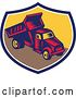 Vector Clip Art of Retro Woodcut Dump Truck in a Blue White and Yellow Shield by Patrimonio