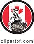 Vector Clip Art of Retro Woodcut Female Farmer Holding a Basket of Produce in a Canadian Flag Circle by Patrimonio