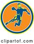 Vector Clip Art of Retro Woodcut Handball Player Jumping over a Yellow Blue White and Orange Circle by Patrimonio