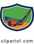 Vector Clip Art of Retro Woodcut Hockey Stick and Puck in a Blue White Orange and Green Shield by Patrimonio