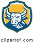 Vector Clip Art of Retro Woodcut Longhorn Steer Bull in a Blue White and Yellow Shield by Patrimonio