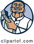 Vector Clip Art of Retro Woodcut Male Barber Holding Clippers in a Blue Circle by Patrimonio