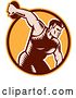 Vector Clip Art of Retro Woodcut Male Discus Thrower in an Orange and Brown Circle by Patrimonio
