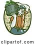 Vector Clip Art of Retro Woodcut Male Farmer Carring a Basket of Harvest Vegetables on His Shoulder by Patrimonio