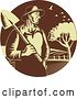 Vector Clip Art of Retro Woodcut Male Farmer Holding a Shovel Against Farmland in a Brown and Yellow Circle by Patrimonio