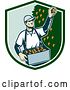Vector Clip Art of Retro Woodcut Male Fruit Picker Harvesting Oranges in a Green and White Shield by Patrimonio