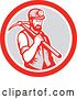 Vector Clip Art of Retro Woodcut Male Miner with a Pickaxe in a Gray and Red Circle by Patrimonio
