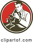 Vector Clip Art of Retro Woodcut Male Scientist Using a Microscope in a Dark Green, White and Red Circle by Patrimonio