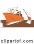 Vector Clip Art of Retro Woodcut Orange Cargo Carrier Ship at Dock by Patrimonio