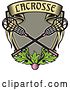 Vector Clip Art of Retro Woodcut Pink Ball and Pink Handled Lacrosse Sticks with a Banner and Leaves by Patrimonio