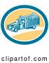 Vector Clip Art of Retro Woodcut Produce Delivery Truck in a Yellow and Blue Oval by Patrimonio