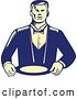 Vector Clip Art of Retro Woodcut Yellow and Blue Male Waiter Wearing a Cravat and Holding a Plate by Patrimonio