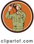 Vector Clip Art of Retro World War Two American Soldier Using Binoculars in a Brown and White Circle by Patrimonio
