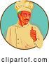 Vector Clip Art of Retro Wpa Styled Green Haired Chef with a Mustache, Giving a Thumb up and Emerging from a Brown and Turquoise Circle by Patrimonio