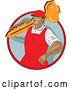 Vector Clip Art of Retro Wpa Styled Locksmith Carrying a Giant Key over His Shoulder in a Red and Gray Circle by Patrimonio
