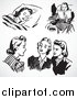Vector Clipart of Retro Black and White Women Sleeping, Reading and Chatting by BestVector