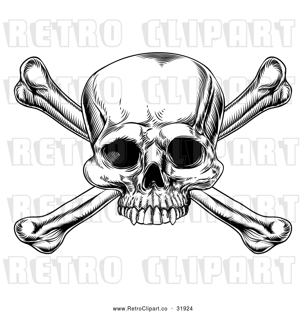 Vector Clip Art of a Retro Skull and Crossbones in Black Lineart by ...
