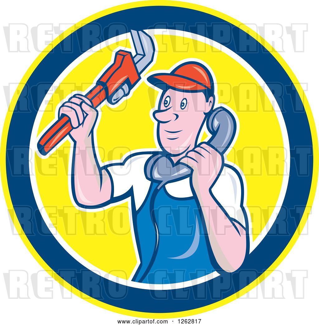 Vector Clip Art Of Retro Cartoon Male Plumber Holding A Monkey Wrench