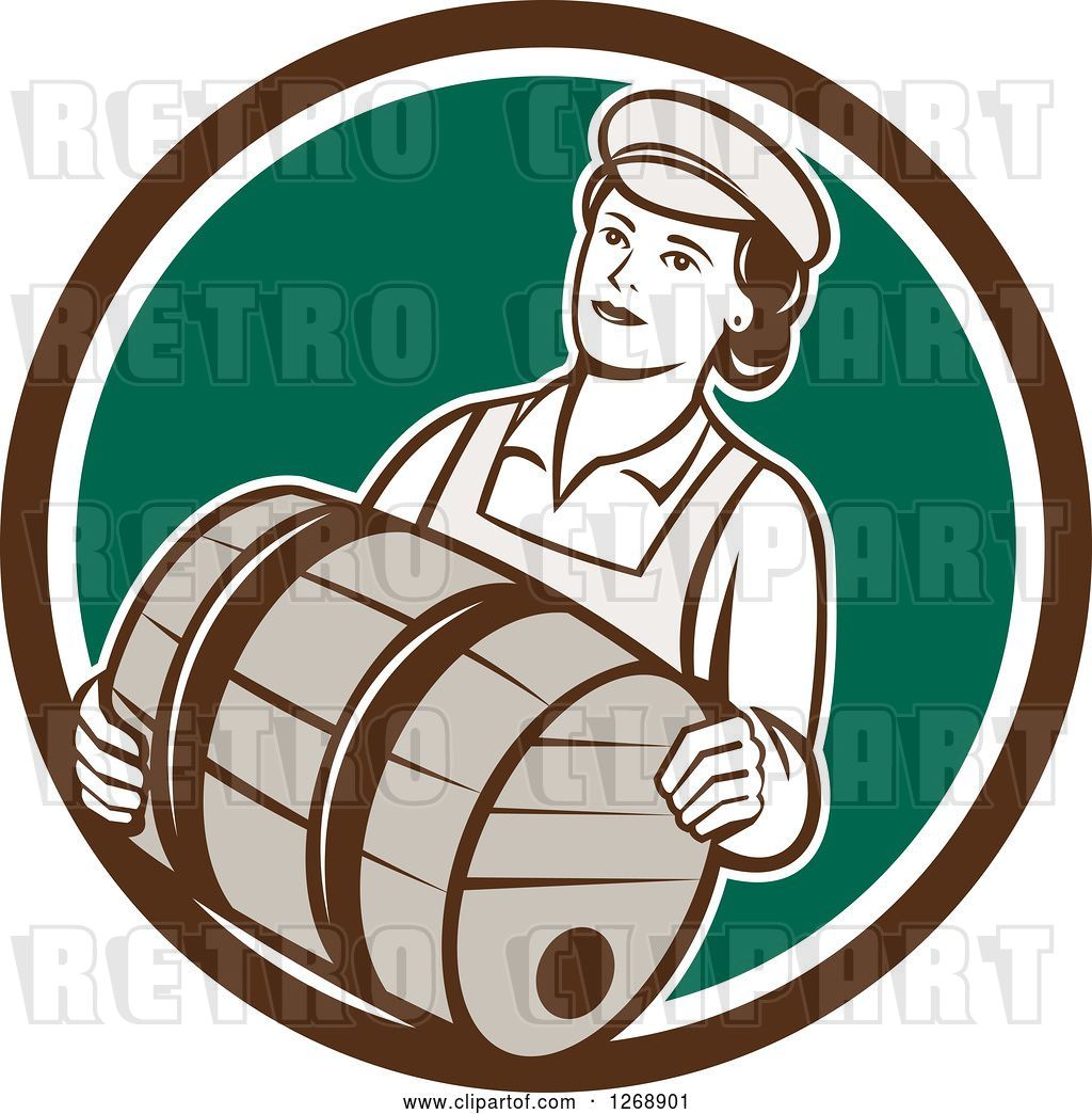 Vector Clip Art of Retro Female Bartender Carrying a Beer Keg Barrel in ...