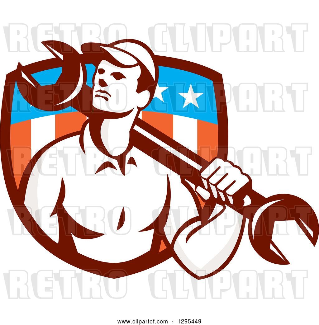 Vector Clip Art of Retro Male Mechanic Holding a Wrench over His ...