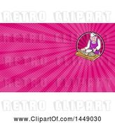 Clip Art of Cartoon Retro Fishmonger Sushi Chef Chopping a Fish and Pink Rays Background or Business Card Design by Patrimonio