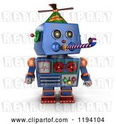 Clip Art of Retro 3d Blue Party Robot Blowing a Noise Maker by Stockillustrations