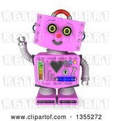 Clip Art of Retro 3d Friendly Pink Female Robot Tilting Her Head and Waving by Stockillustrations