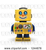 Clip Art of Retro 3d Grinning Yellow Robot Glancing to the Left by Stockillustrations