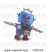 Clip Art of Retro 3d Happy Blue Robot Pretending to Be an Airplane by Stockillustrations