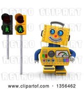 Clip Art of Retro 3d Happy Yellow Robot Glancing at Green Pedestrian Traffic Lights, on a White Background by Stockillustrations