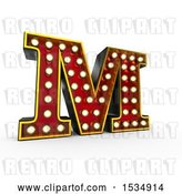 Clip Art of Retro 3d Illuminated Theater Styled Letter M, on a White Background by Stockillustrations