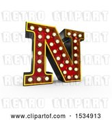 Clip Art of Retro 3d Illuminated Theater Styled Letter N, on a White Background by Stockillustrations