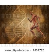 Clip Art of Retro 3d Medical Anatomical Guy with Visible Muscles, Running over a DNA Background by KJ Pargeter