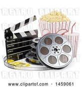 Clip Art of Retro 3d Movie Popcorn Bucket and Soda with Film and a Clapper, on a White Background by