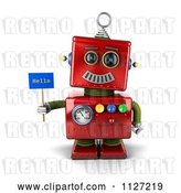 Clip Art of Retro 3d Red Metal Robot Holding a Hello Sign by Stockillustrations