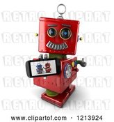 Clip Art of Retro 3d Red Robot Holding a Thumb up and a Smart Phone with a Picture on the Screen by Stockillustrations