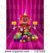 Clip Art of Retro 3d Red Robot Holding Happy Bday Signs over Gift Boxes on Pink Stripes by Stockillustrations