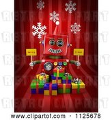 Clip Art of Retro 3d Red Robot Holding Merry X Mas Signs over Gift Boxes on Red with Snowflakes by Stockillustrations