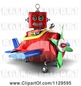 Clip Art of Retro 3d Red Robot Waving and Sitting in a Plane by Stockillustrations