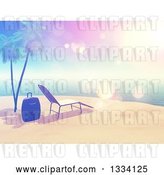 Clip Art of Retro 3d Style Tropical Island Beach with White Sand, a Sun Lounger Chair, Luggage, Palm Trees and Sky Flares by KJ Pargeter