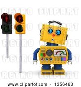 Clip Art of Retro 3d Surprised Yellow Robot Looking up at Red Pedestrian Traffic Lights, on a White Background by Stockillustrations